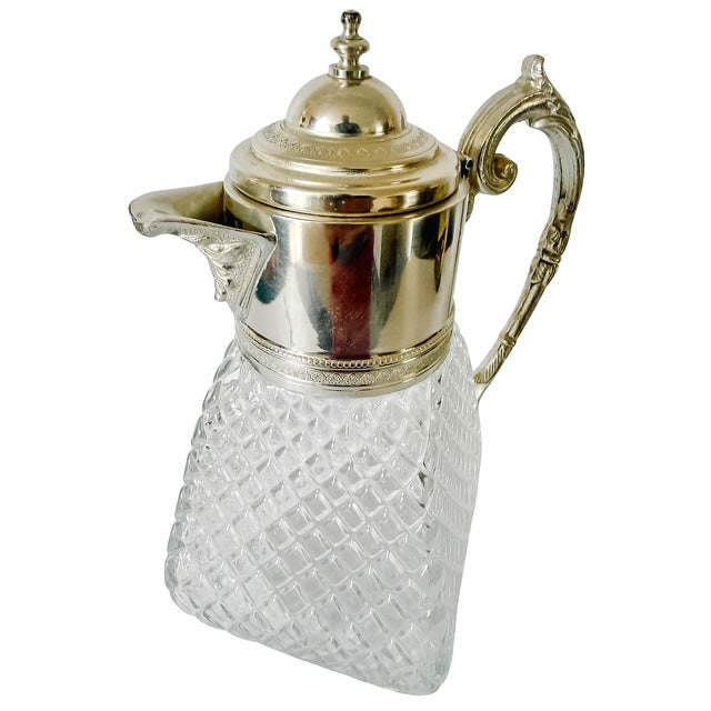 Vintage Continental Silver-Plated & Diamond Cut Glass Pitcher