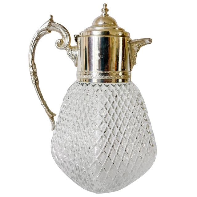 Vintage Continental Silver-Plated & Diamond Cut Glass Pitcher