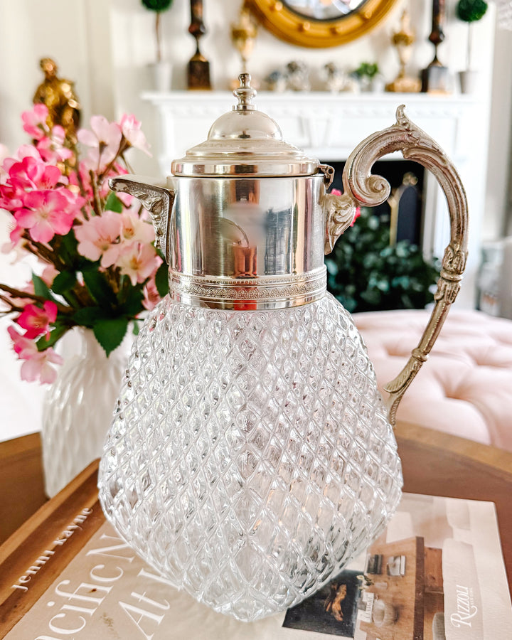 Vintage Continental Silver-Plated & Diamond Cut Glass Pitcher