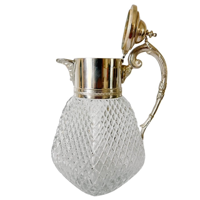Vintage Continental Silver-Plated & Diamond Cut Glass Pitcher