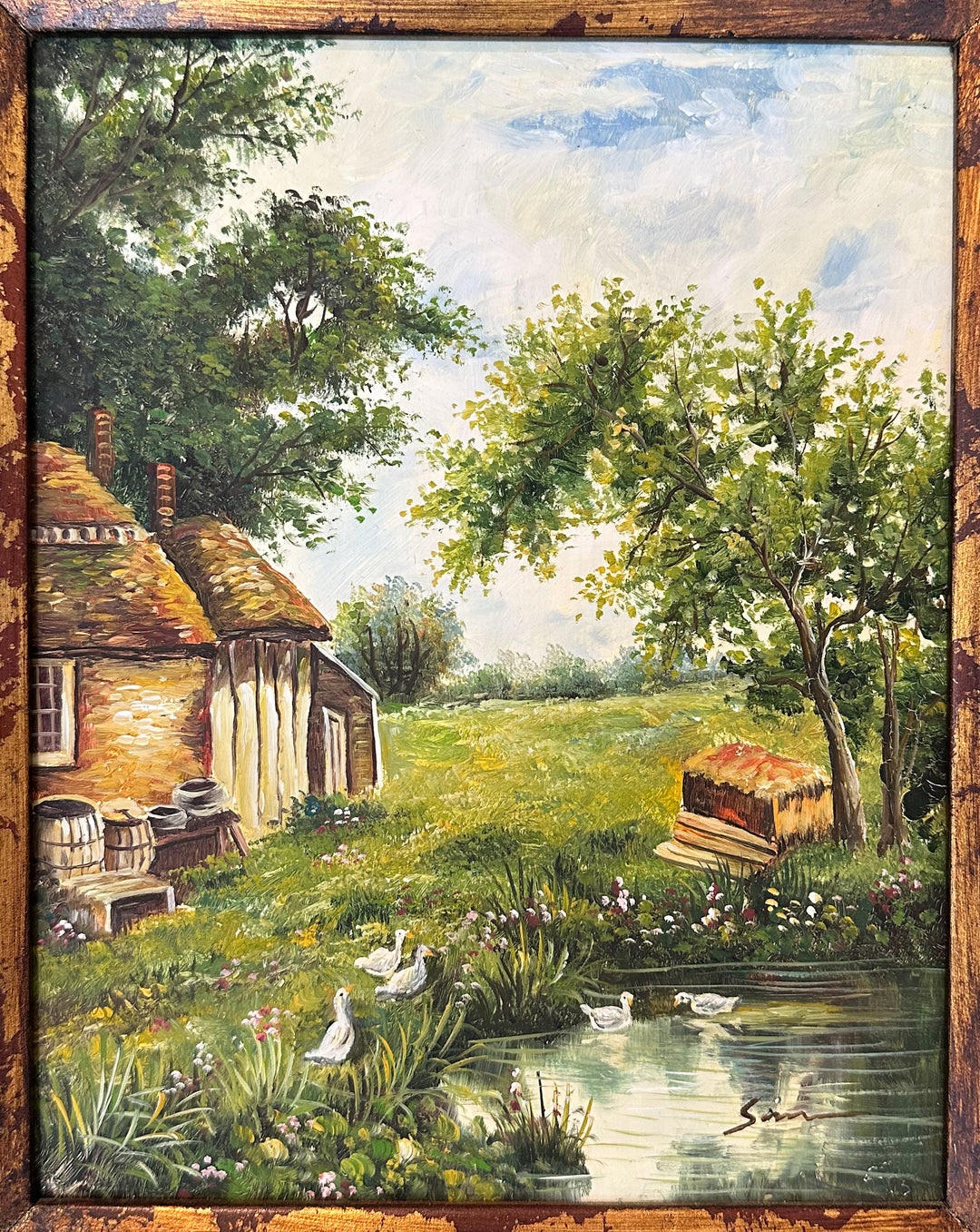 Vintage American Cottage Landscape Oil On Board Painting