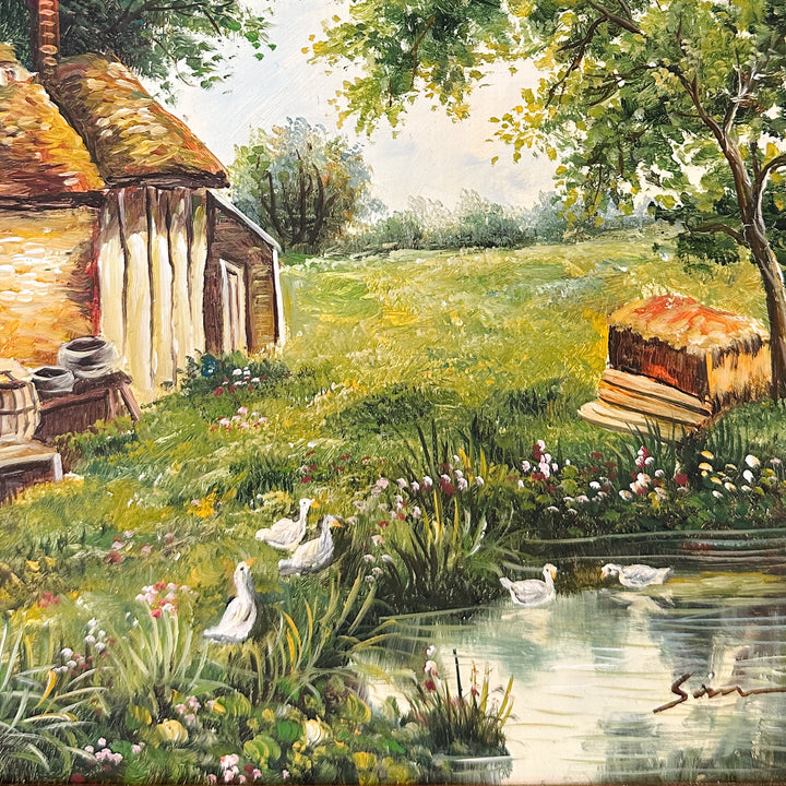 Vintage American Cottage Landscape Oil On Board Painting