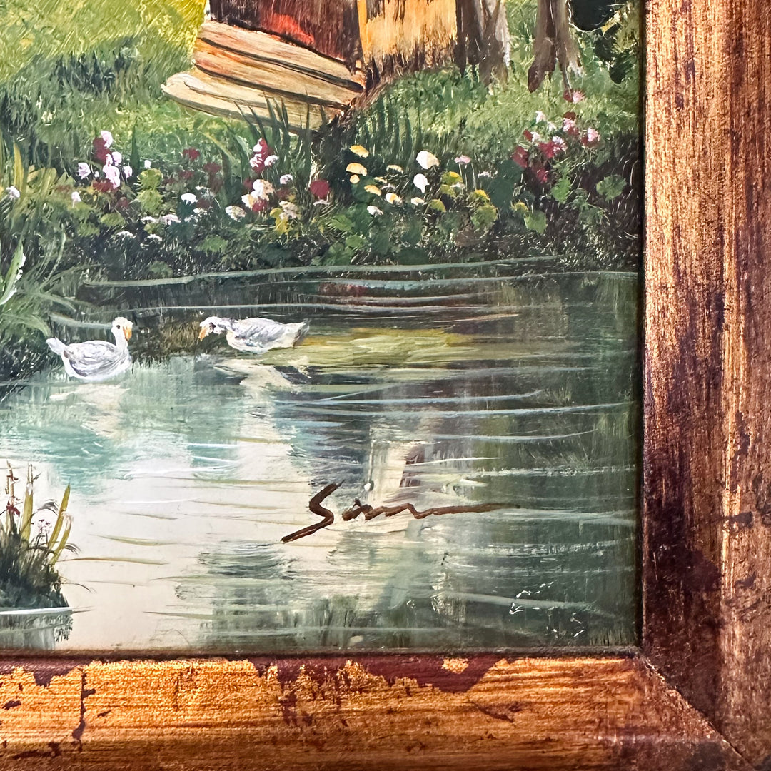 Vintage American Cottage Landscape Oil On Board Painting