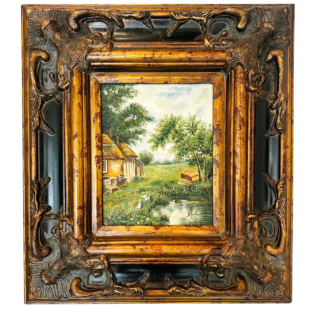 Vintage American Cottage Landscape Oil On Board Painting