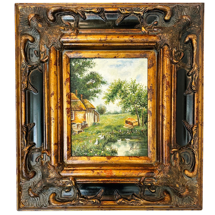 Vintage American Cottage Landscape Oil On Board Painting