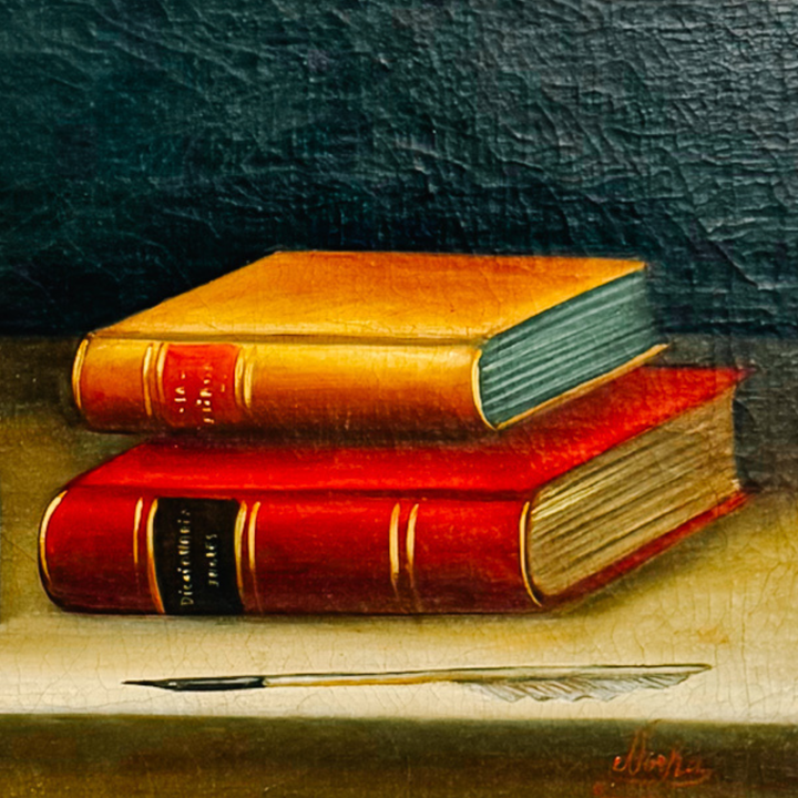 Late 20th Century Dark Academia Still Life Oil Painting With Gilt Wood Gallery Frame by Nora Urde (NorKa)