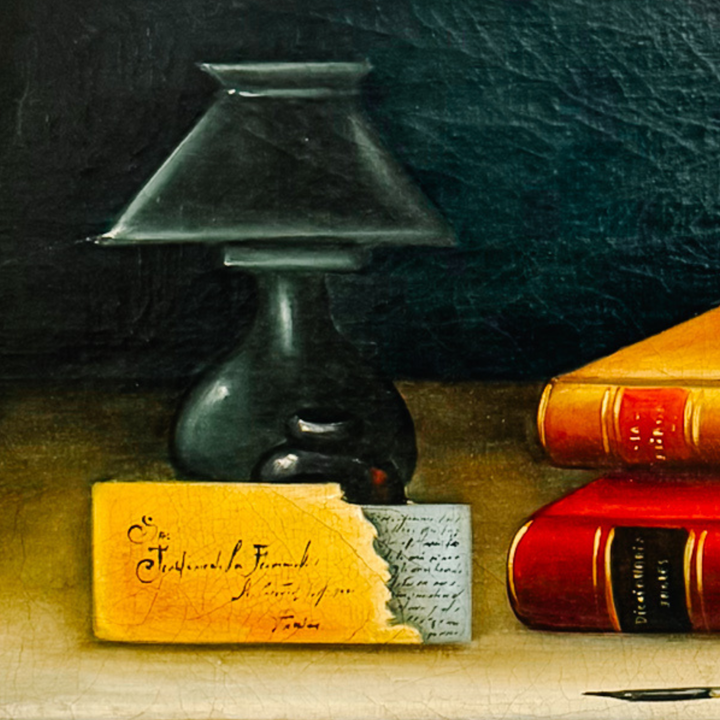 Late 20th Century Dark Academia Still Life Oil Painting With Gilt Wood Gallery Frame by Nora Urde (NorKa)