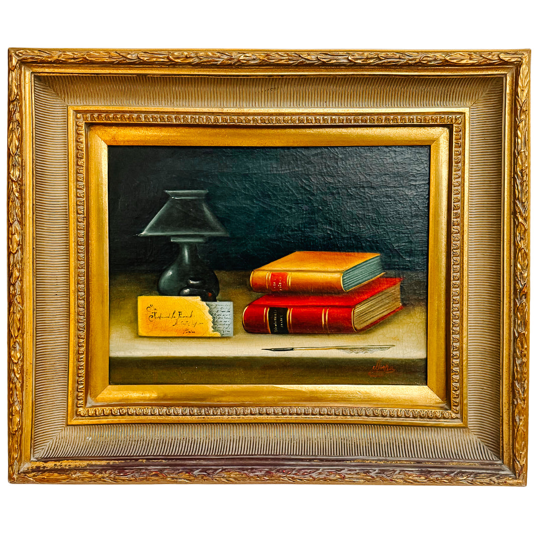 Late 20th Century Dark Academia Still Life Oil Painting With Gilt Wood Gallery Frame by Nora Urde (NorKa)