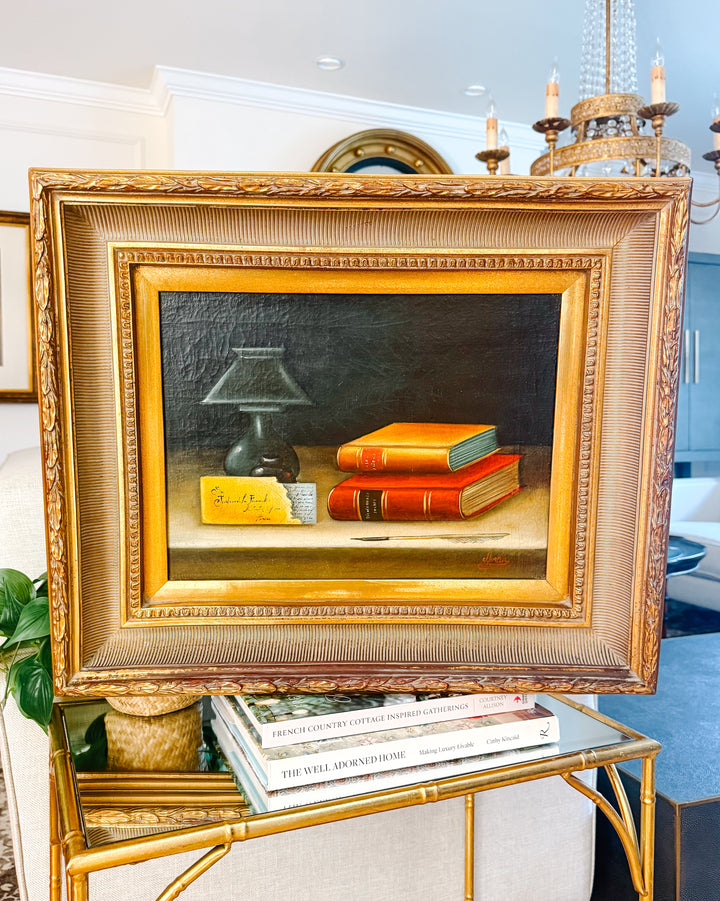 Late 20th Century Dark Academia Still Life Oil Painting With Gilt Wood Gallery Frame by Nora Urde (NorKa)
