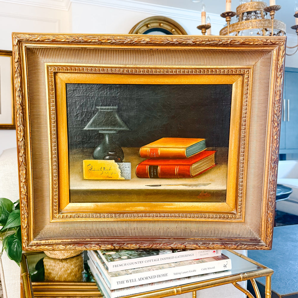 Late 20th Century Dark Academia Still Life Oil Painting With Gilt Wood Gallery Frame by Nora Urde (NorKa)