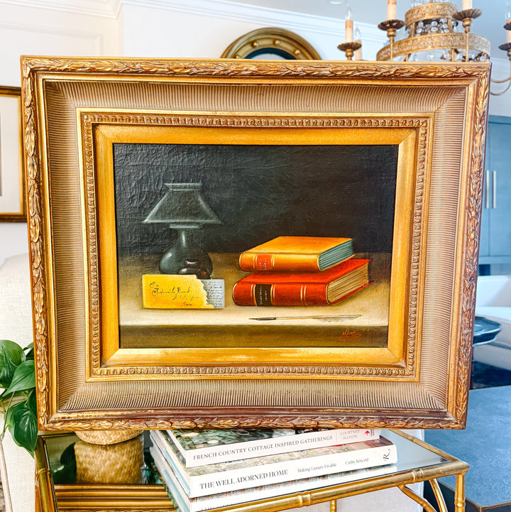 Late 20th Century Dark Academia Still Life Oil Painting With Gilt Wood Gallery Frame by Nora Urde (NorKa)