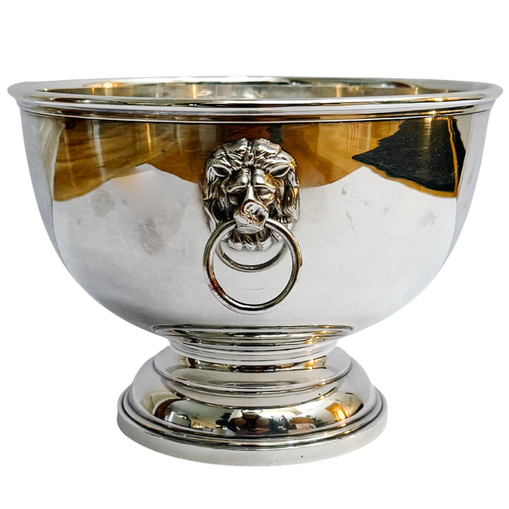 Vintage English Silver-Plated Lion Handles Pedestal Bowl With Engraved Crest
