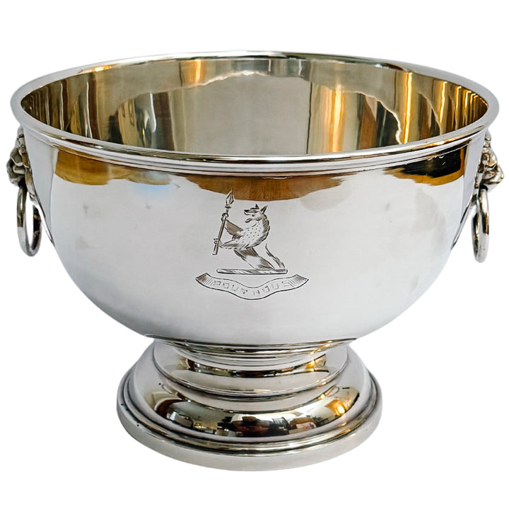 Vintage English Silver-Plated Lion Handles Pedestal Bowl With Engraved Crest