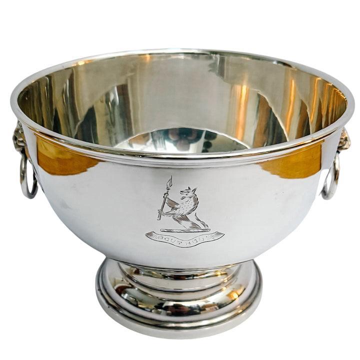 Vintage English Silver-Plated Lion Handles Pedestal Bowl With Engraved Crest