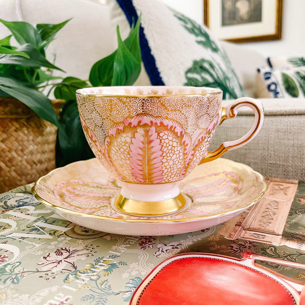 Vintage English Tuscan Fine Bone China Pink Teacup and Saucer