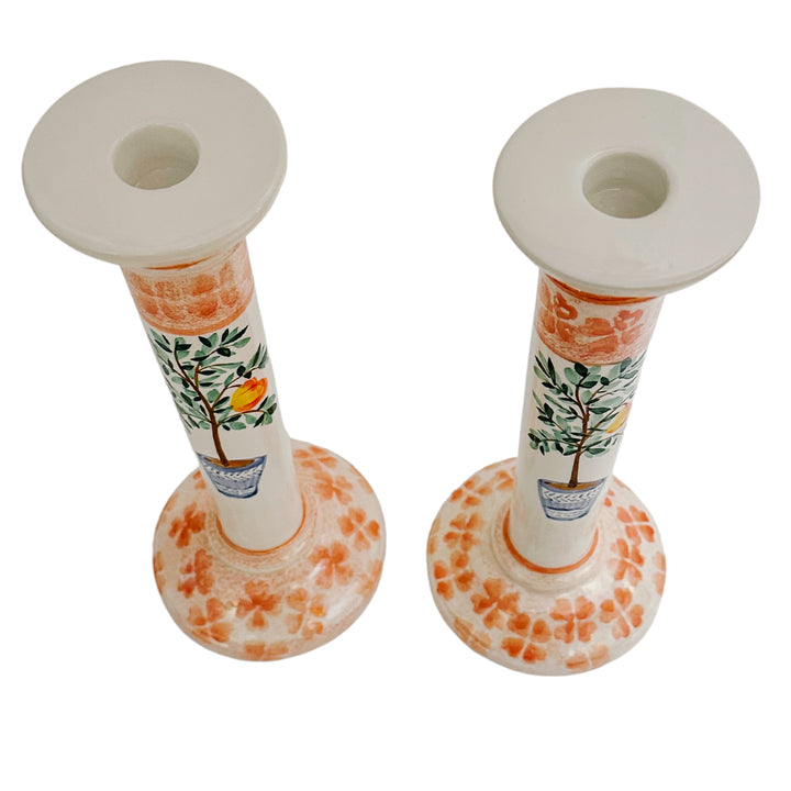 Vintage Etan Allen Hand-Painted Italian Faience Candlesticks