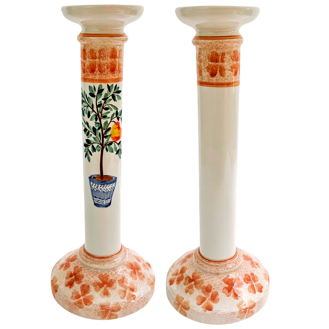 Vintage Etan Allen Hand-Painted Italian Faience Candlesticks