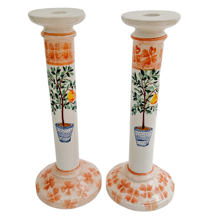 Vintage Etan Allen Hand-Painted Italian Faience Candlesticks