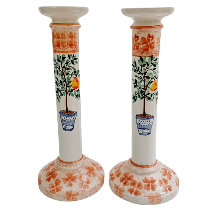 Vintage Etan Allen Hand-Painted Italian Faience Candlesticks
