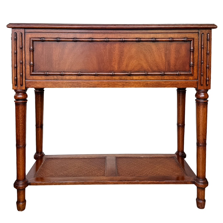 Vintage Ethan Allen Faux Bamboo & Flame Mahogany Console Table With Woven Cane Shelf
