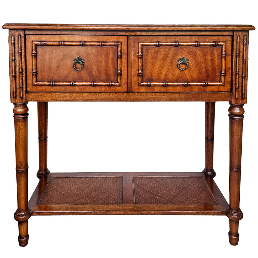 Vintage Ethan Allen Faux Bamboo & Flame Mahogany Console Table With Woven Cane Shelf