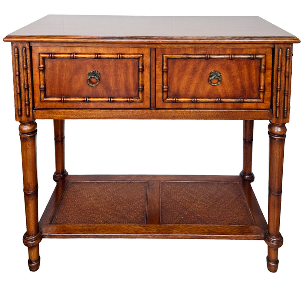 Vintage Ethan Allen Faux Bamboo & Flame Mahogany Console Table With Woven Cane Shelf
