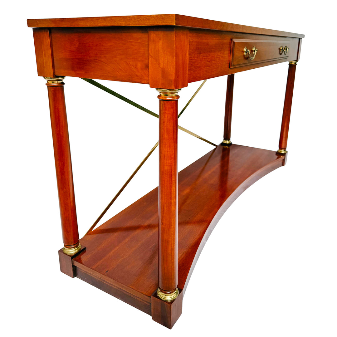1990 Ethan Allen Medallion Collection Cherry Console Table With Brass X-Stretcher
