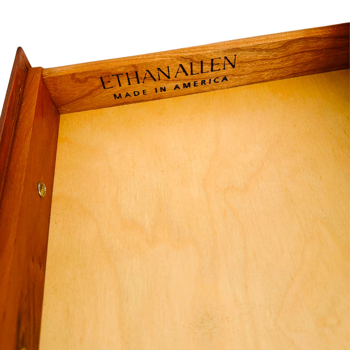 1990 Ethan Allen Medallion Collection Cherry Console Table With Brass X-Stretcher