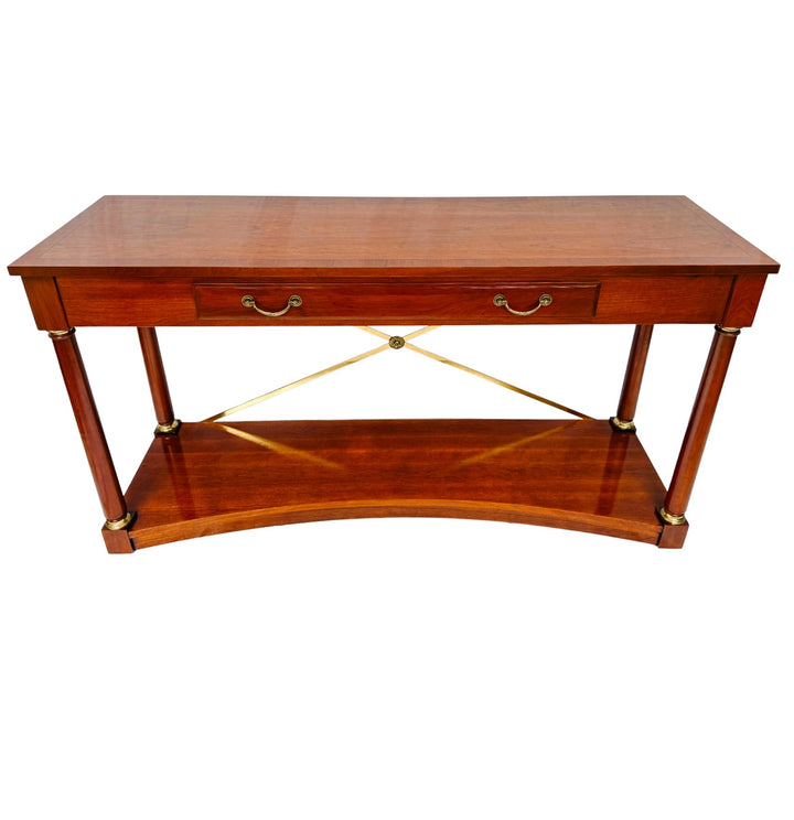 1990 Ethan Allen Medallion Collection Cherry Console Table With Brass X-Stretcher