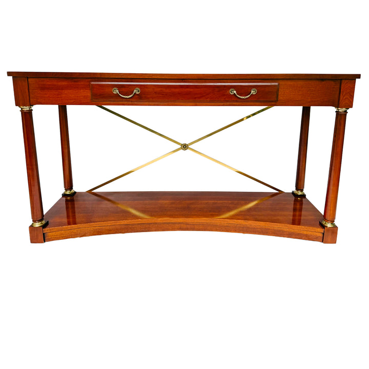 1990 Ethan Allen Medallion Collection Cherry Console Table With Brass X-Stretcher