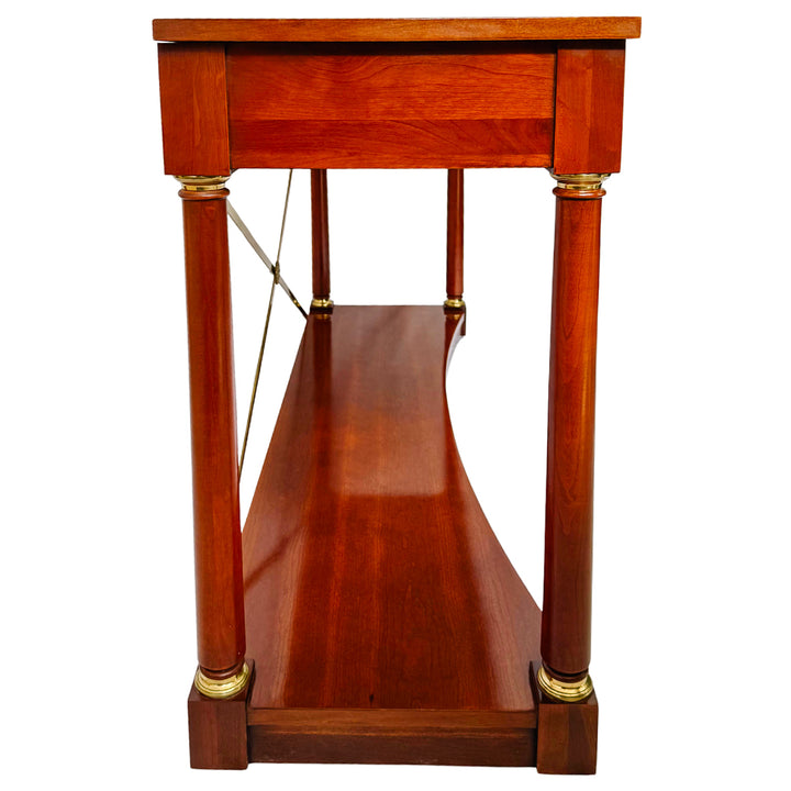 1990 Ethan Allen Medallion Collection Cherry Console Table With Brass X-Stretcher