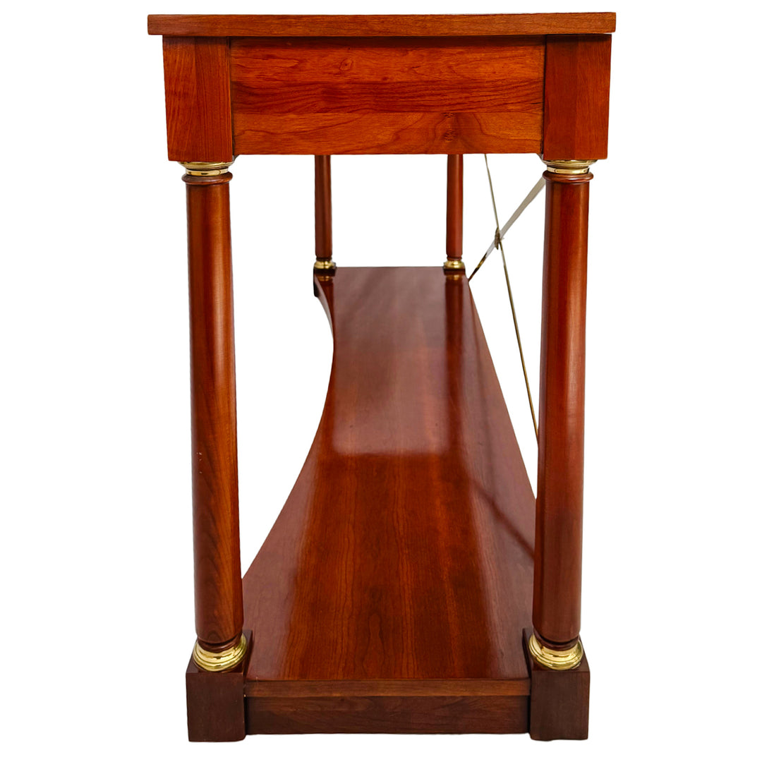 1990 Ethan Allen Medallion Collection Cherry Console Table With Brass X-Stretcher