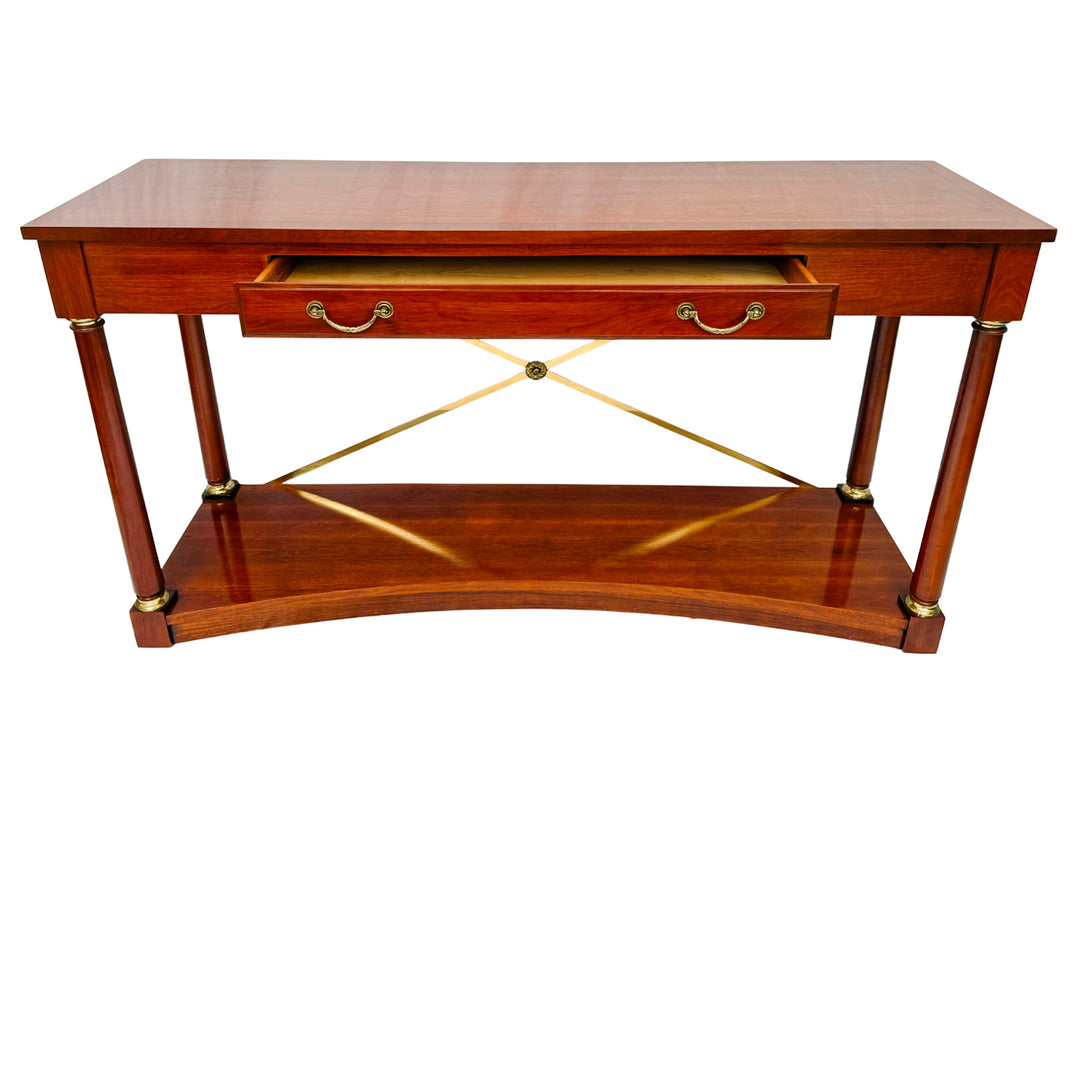 1990 Ethan Allen Medallion Collection Cherry Console Table With Brass X-Stretcher