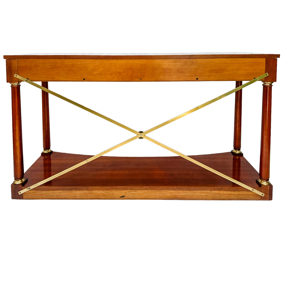 1990 Ethan Allen Medallion Collection Cherry Console Table With Brass X-Stretcher