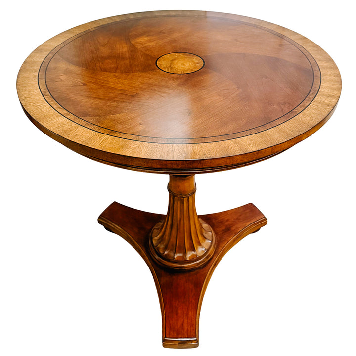Vintage Ethan Allen Townhouse Upton Neoclassical Round Inlaid Walnut Pedestal Accent Table