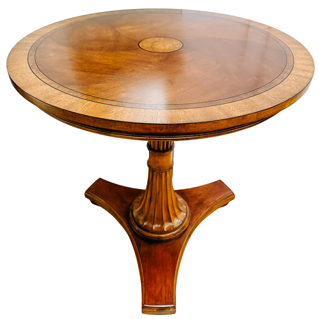 Vintage Ethan Allen Townhouse Upton Neoclassical Round Inlaid Walnut Pedestal Accent Table