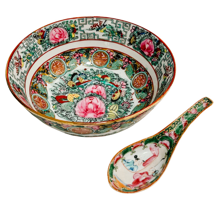 Vintage Famille Rose Canton Bowl With Spoon 