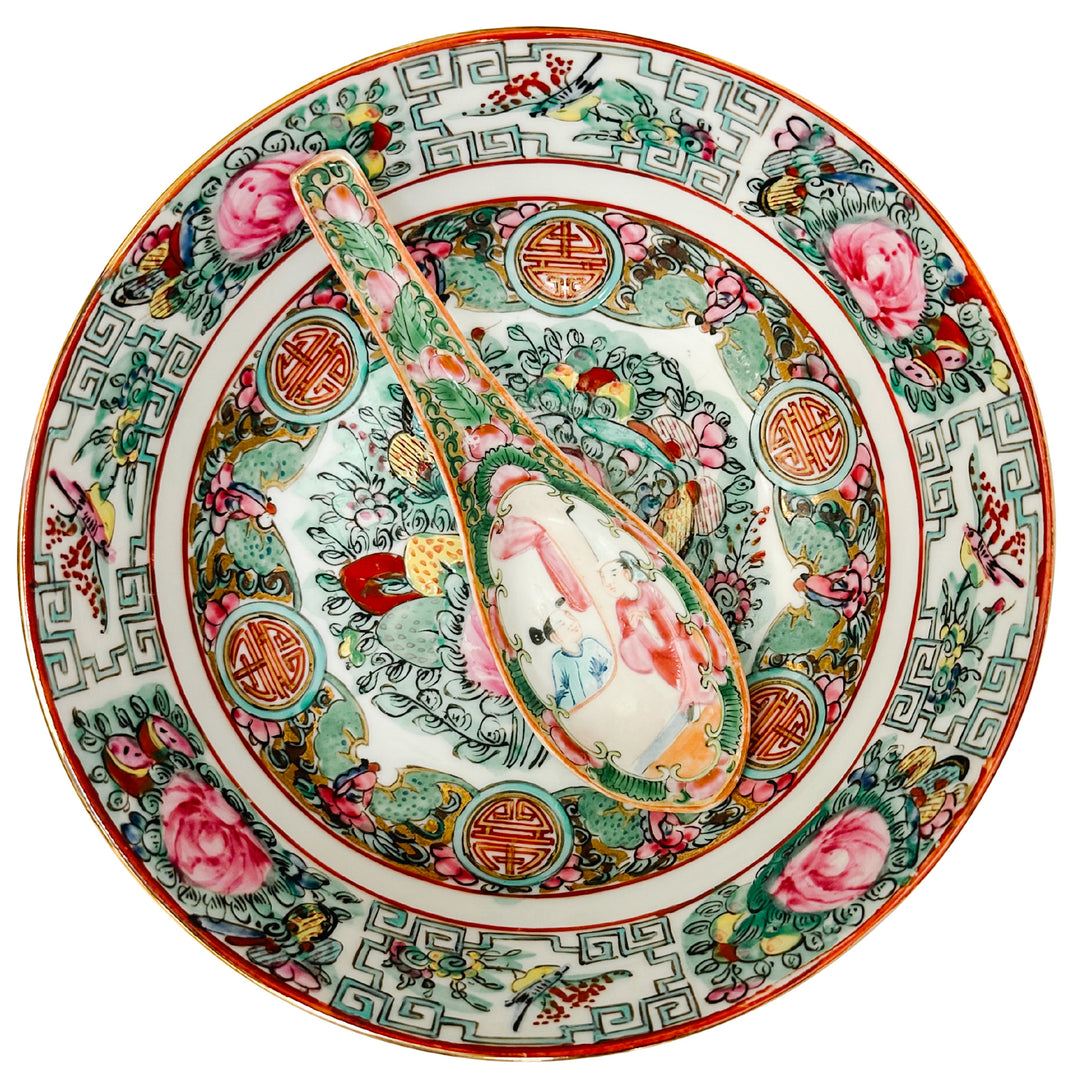 Vintage Famille Rose Canton Bowl With Spoon 
