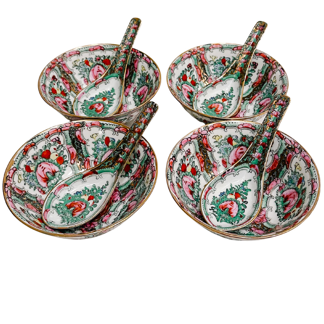 Mid-Century Famille Rose Canton Rice Bowls With Spoons