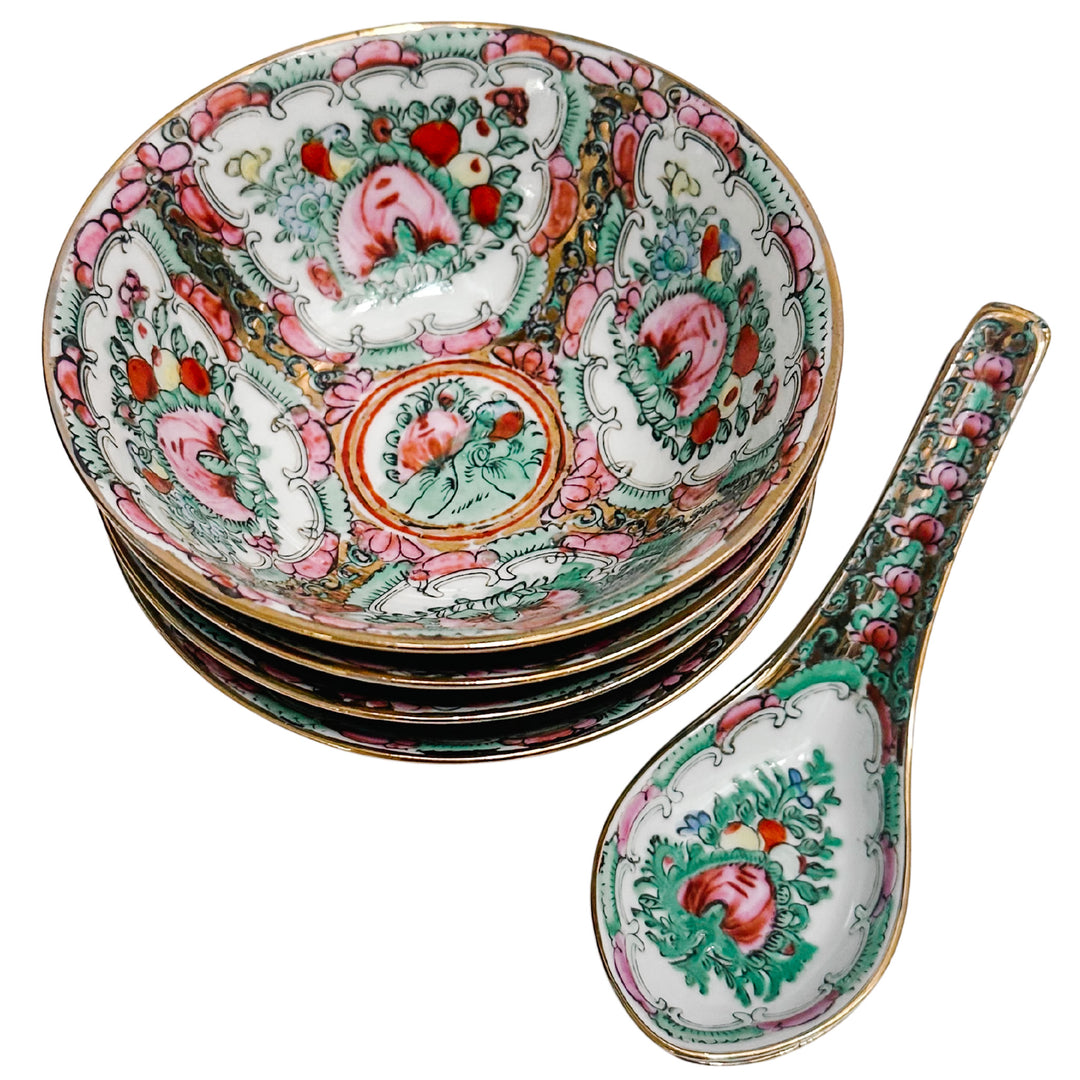 Mid-Century Famille Rose Canton Rice Bowls With Spoons