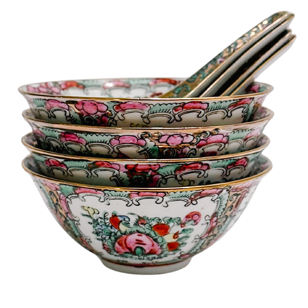 Mid-Century Famille Rose Canton Rice Bowls With Spoons