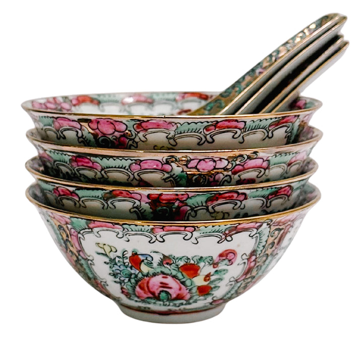 Mid-Century Famille Rose Canton Rice Bowls With Spoons