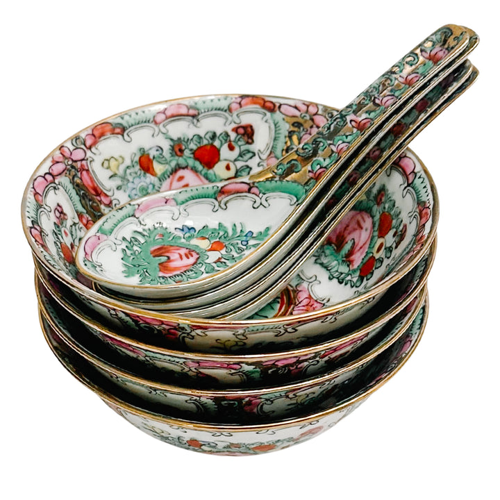 Mid-Century Famille Rose Canton Rice Bowls With Spoons