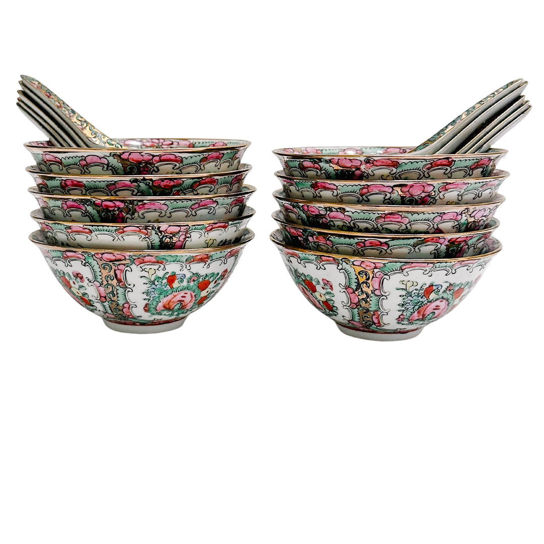 Mid-Century Famille Rose Canton Rice Bowls With Spoons