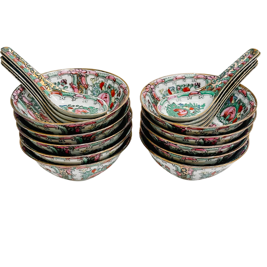 Mid-Century Famille Rose Canton Rice Bowls With Spoons