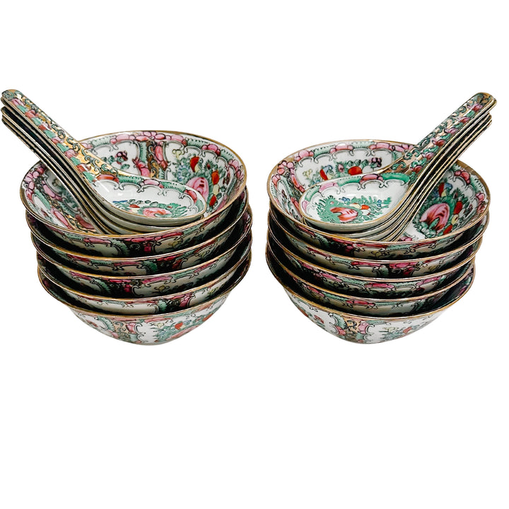 Mid-Century Famille Rose Canton Rice Bowls With Spoons