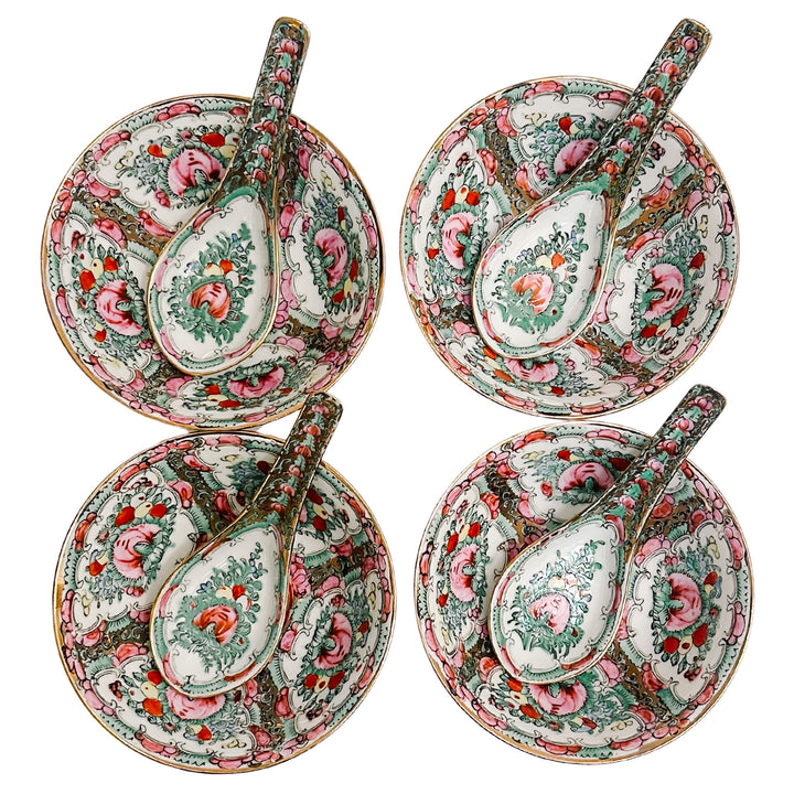 Mid-Century Famille Rose Canton Rice Bowls With Spoons