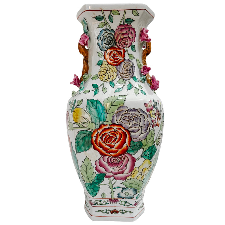 Vintage Famille Rose Floral Vase With Botanical Handles