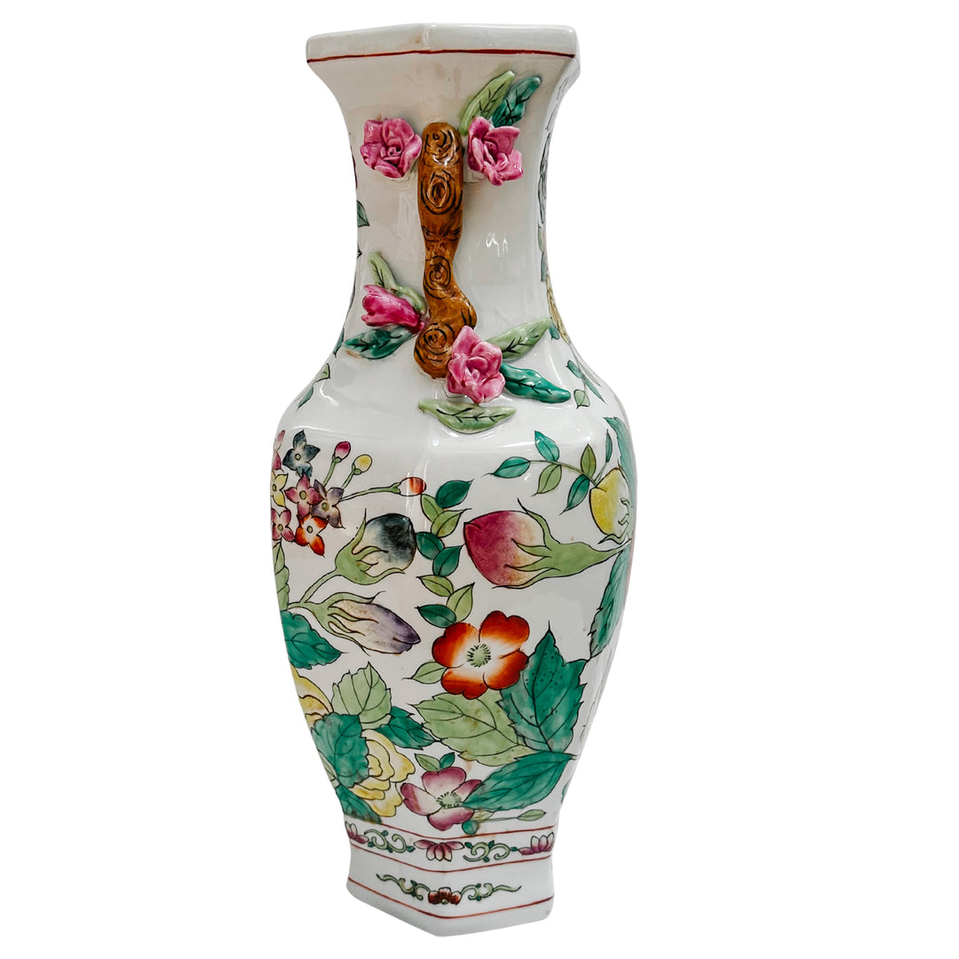 Vintage Famille Rose Floral Vase With Botanical Handles