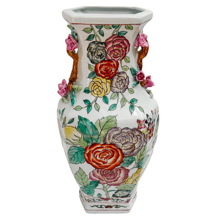 Vintage Famille Rose Floral Vase With Botanical Handles
